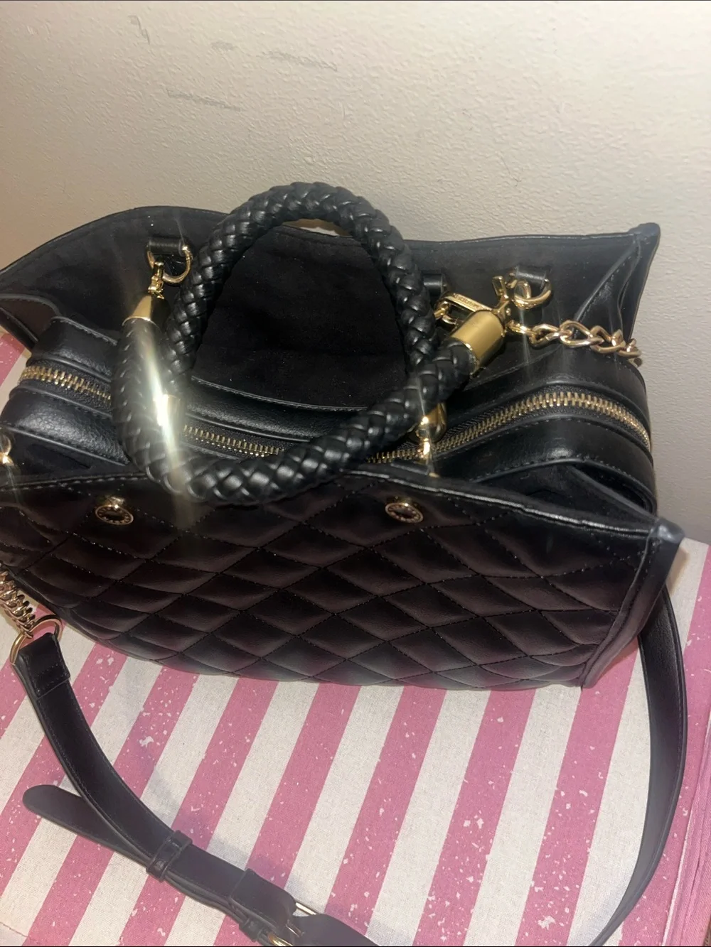 Steve Madden Black Quilted Top-Handle Women’s Bag with Gold Hardware